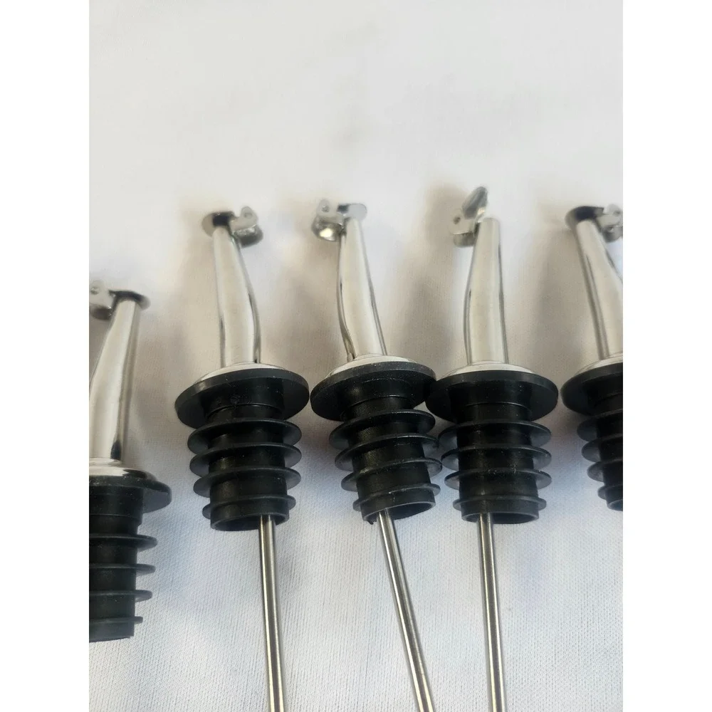 Set of 8 Stainless Steel Weighted Liquor Bottle Pourers W/ Flip Top Lids Silver